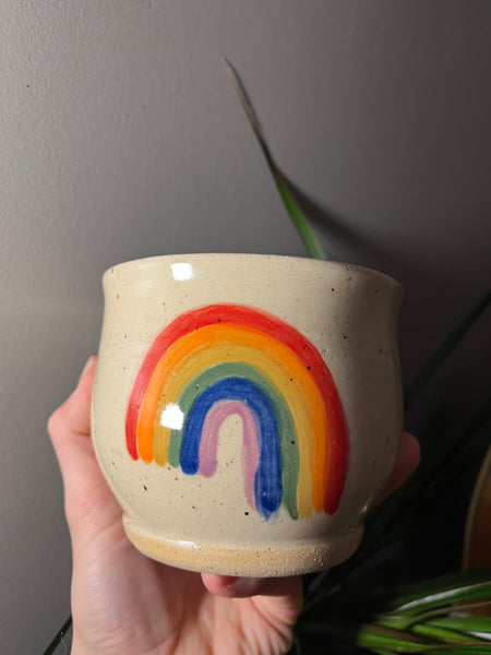 Rainbow hugger mug with thumb indent